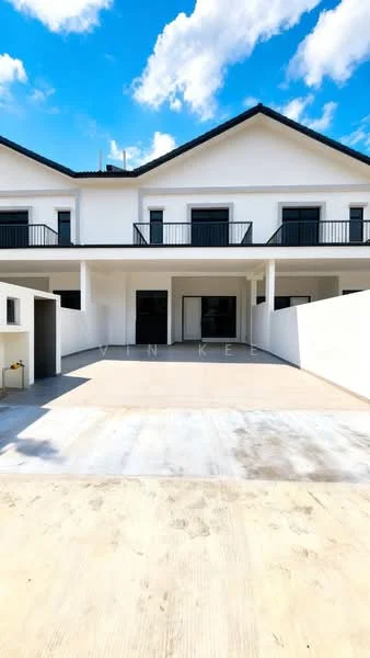 Exterior type: linked terrace house; features: white painted facade, flat roof, two-storey, balconies with black railings, concrete driveway, manicured lawn, surrounded by mature greenery, large windows, main entrance with covered porch; style: modern.