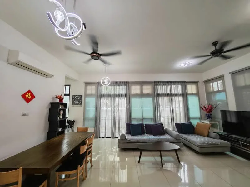 Living features: 5-blade ceiling fan with light, 3-blade ceiling fan, recessed downlights, floor-to-ceiling windows, sheer curtains, grey fabric sectional sofa, decorative cushions, wooden dining table, 8 wooden dining chairs, wall-mounted TV, TV console, light-colored tiled flooring, decorative wall art, potted plants; style: modern.