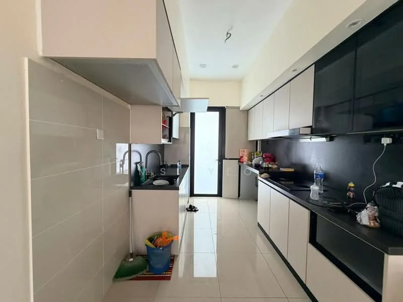 Kitchen features: white glossy cabinetry, black countertop, single-bowl stainless-steel sink, chrome pull-down faucet, built-in oven, freestanding range oven, ceramic tile flooring, sliding glass door, recessed downlights, black backsplash, open shelving, kitchen island, wall-mounted cabinets, floor-to-ceiling windows; style: modern.