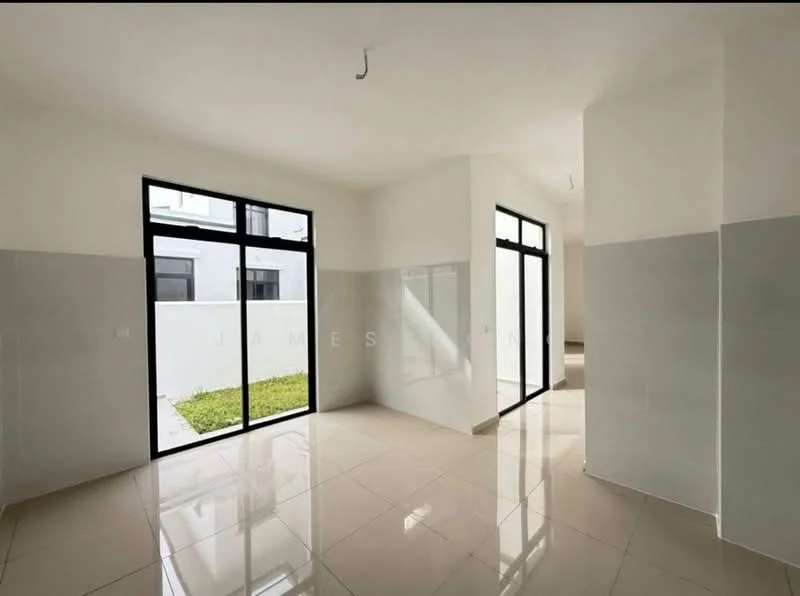 Room features: white painted walls, grey tiled walls, glossy floor tiles, large floor-to-ceiling windows, natural light, open layout, corner room, green view from windows; style: modern; view: garden.