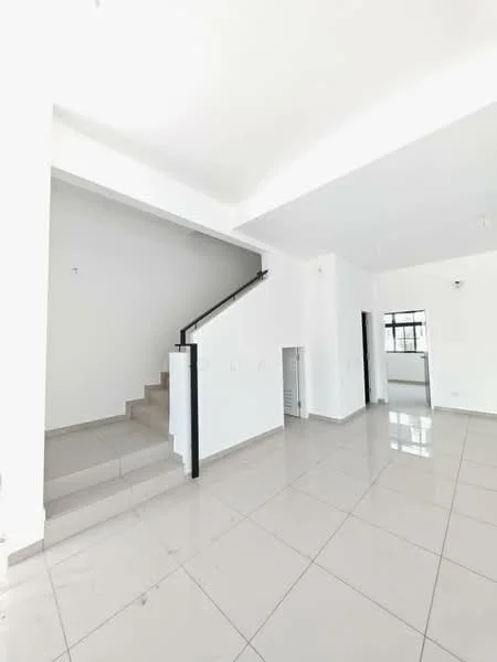 Room features: white painted walls, grey tiled flooring, staircase with black railing, large windows, recessed ceiling lights, open layout, high ceiling, neutral color scheme; style: modern.
