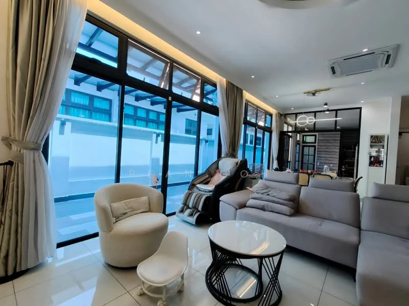 Living features: large floor-to-ceiling windows, grey fabric sectional sofa, white round coffee table, beige accent chair, recessed ceiling lights, air conditioning unit, curtains, tile flooring, decorative wall, open layout, modern decor; style: modern; view: courtyard.