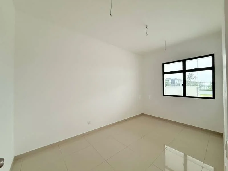 Room features: white painted walls, cream tiled flooring, large window with black frame, two electrical outlets, two ceiling light fixtures (wires visible), no visible furniture or decor; style: minimalist; view: garden.