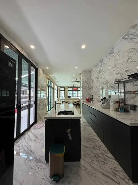 Kitchen features: marble countertop, black cabinetry, stainless-steel sink, chrome pull-down faucet, kitchen island, recessed LED downlights, open shelving, large windows, tile flooring with marble pattern, built-in appliances, modern design, pantry area, decorative wall, utility area; style: modern.