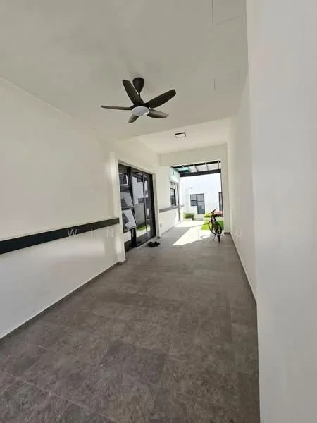 Room features: grey tiled flooring, white painted walls, ceiling fan, large glass windows, doorway leading outside, minimalist design, natural light, open space; style: modern; view: garden.