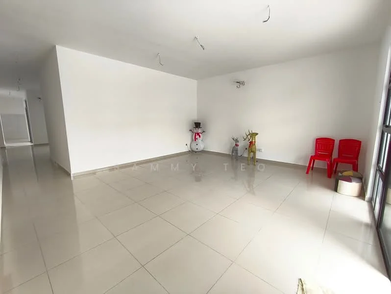 Room features: white painted walls, glossy ceramic tile flooring, recessed downlights, two red plastic chairs, decorative snowman figure, minimalist decor, open layout, large windows for natural light; style: modern.