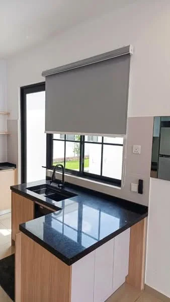 Kitchen features: black granite countertop, white cabinetry, single-bowl stainless-steel sink, chrome pull-down faucet, window with black frame, roller blinds, open shelving, tile flooring; style: modern; view: garden.