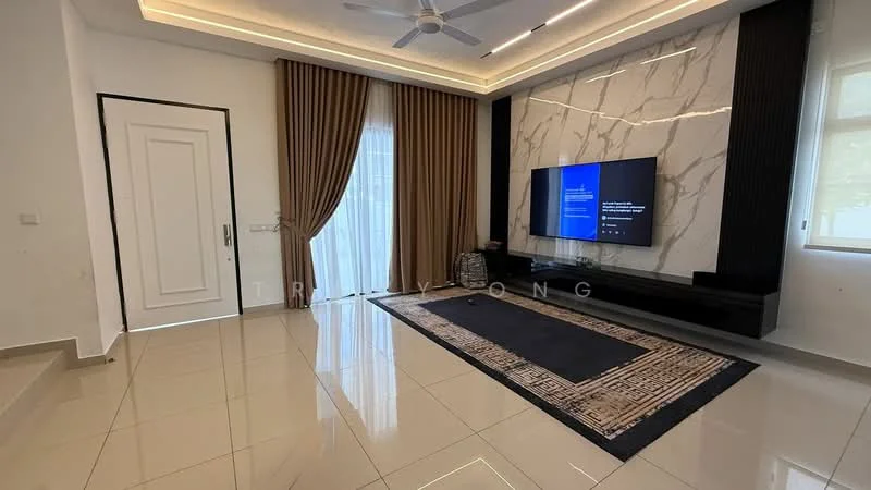 Living features: white painted walls, marble accent wall, floor-to-ceiling windows, sheer curtains, 5-blade ceiling fan with light, recessed downlights, polished tile flooring, black TV console, wall-mounted TV, decorative area rug; style: modern.