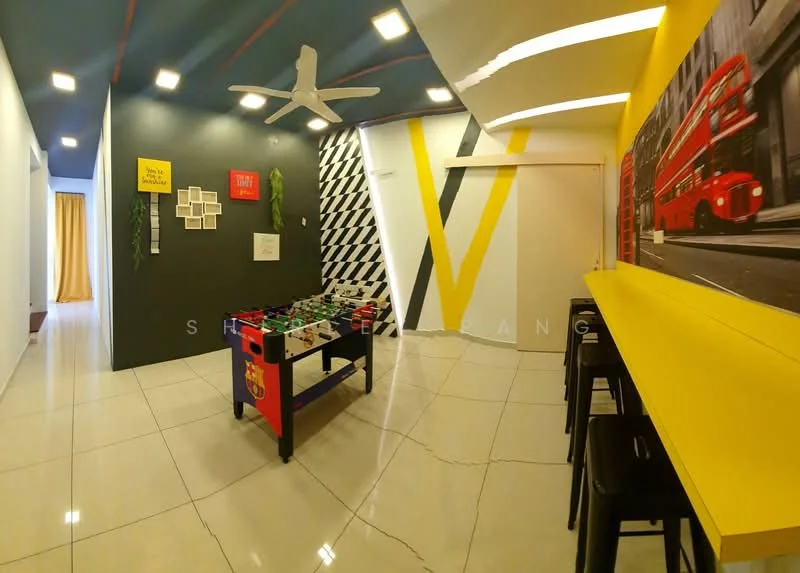 Room features: white walls, black accent wall, yellow accent wall, geometric wall design, polished tile flooring, 5-blade ceiling fan, recessed LED downlights, foosball table, bar counter with stools, decorative wall art, hanging plants; style: modern.