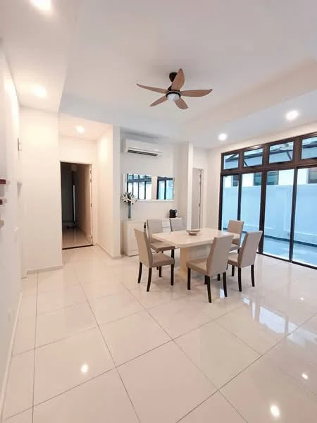 Dining features: white painted walls, glossy ceramic tile flooring, 5-blade ceiling fan with light, dining table for six, upholstered dining chairs, large windows with grid design, air conditioning unit, neutral decor; style: modern. Room features: white painted walls, glossy ceramic tile flooring, doorway leading to hallway.
