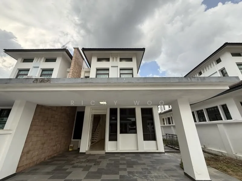 Exterior type: detached bungalow; features: white painted facade, stone cladding on one side, flat roof, two-storey structure, covered porch area, large windows, manicured lawn, paved walkway; style: modern.