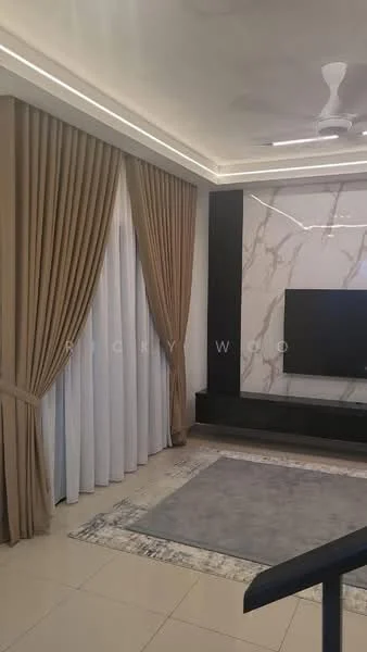 Living features: cream painted walls, marble accent wall, floor-to-ceiling windows, sheer curtains, blackout curtains, recessed LED downlights, 5-blade ceiling fan, area rug with geometric pattern, TV console, wall-mounted TV; style: modern.