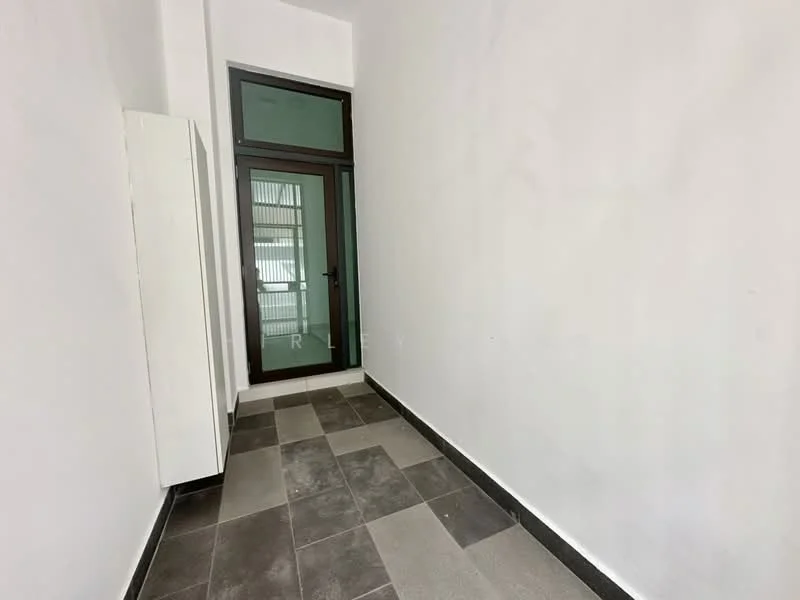 Room features: white painted walls, grey tile flooring, black tile border, large glass door, window with grid pattern, minimalist design, no visible furniture; style: minimalist.