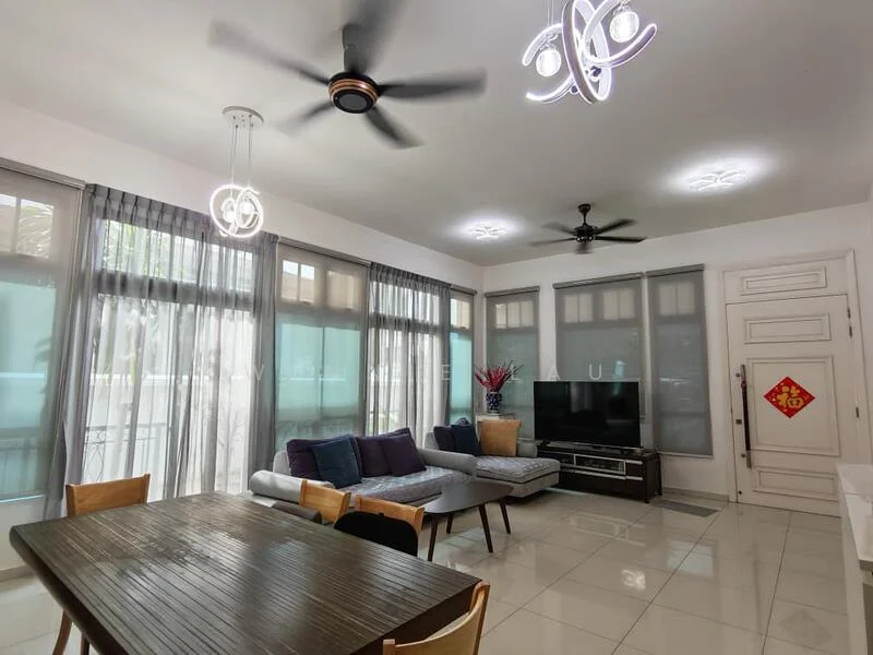 Living features: white painted walls, glossy tile flooring, 5-blade ceiling fan with light, 3-blade ceiling fan, large windows with sheer curtains, sofa in light grey fabric, coffee table, TV console, wall-mounted TV, decorative wall art, area rug, dining table with wooden surface and four chairs; style: modern.