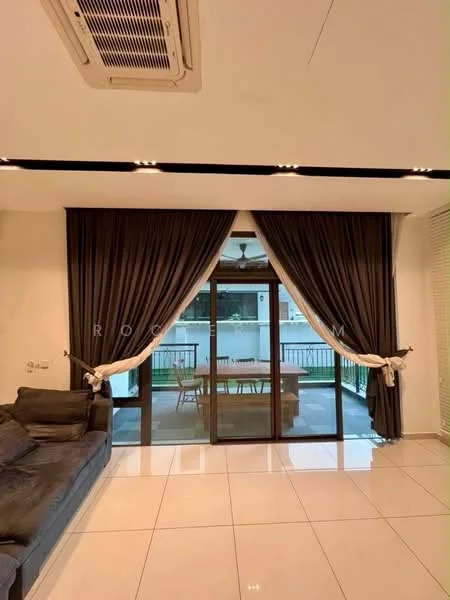 Living features: floor-to-ceiling sliding glass door, dark grey fabric sofa, white tiled flooring, recessed LED downlights, 5-blade ceiling fan, dark curtains, wall-mounted air conditioning unit, decorative wall paneling; style: modern; view: garden.