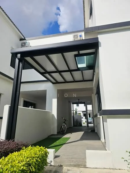 Exterior type: linked terrace house; features: white painted facade, flat roof with overhang, black metal frame structure, covered car porch, concrete pathway, manicured lawn, landscaped garden, bicycle parked, air conditioning units visible, modern architectural design; style: modern.