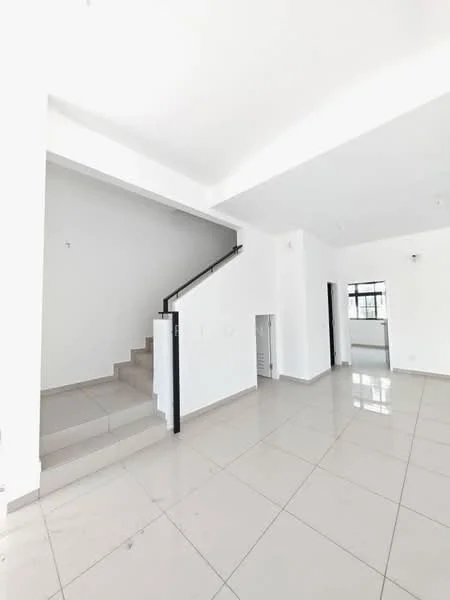 Room features: white painted walls, tile flooring, staircase with black railing, large windows for natural light, open layout, high ceiling, recessed lighting, neutral color scheme; style: modern.