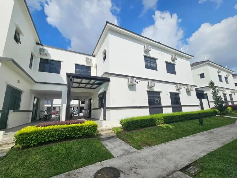 Exterior type: linked terrace house; features: white painted facade, flat roof, 2-storey building, manicured lawn, mature trees, paved walkway, multiple wall-mounted split AC units, covered entrance, green hedges, outdoor lighting; style: modern.