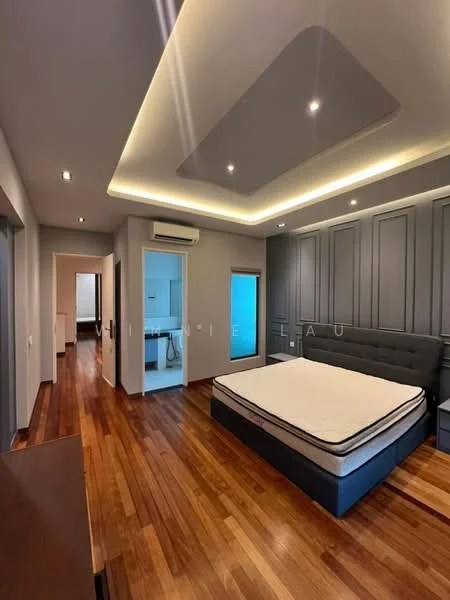 Bedroom features: wooden flooring, grey accent wall, recessed ceiling with LED lighting, built-in wardrobe with panelled doors, queen-size bed frame, 2 bedside tables, wall-mounted air conditioning unit, floor-to-ceiling windows, neutral colour palette; style: modern. Room features: doorway leading to bathroom, doorway leading to hallway.