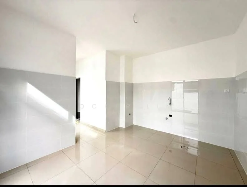 Room features: white painted walls, grey tiled walls, glossy beige floor tiles, single ceiling light fixture, corner window allowing natural light, no visible appliances or furniture; style: modern.