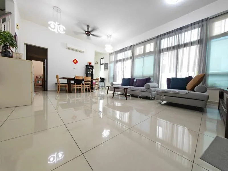 Living features: large floor-to-ceiling windows, grey sectional sofa, beige throw pillows, light wood dining table with chairs, black TV console, recessed downlights, 5-blade ceiling fan, cream painted walls, glossy tile flooring, sheer curtains, decorative wall art; style: modern.