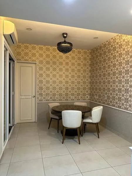 Dining features: round dining table, 4 upholstered dining chairs, chandelier with decorative design, floral wallpaper, cream tiled flooring, white painted walls, sliding glass door, air conditioning unit; style: modern.