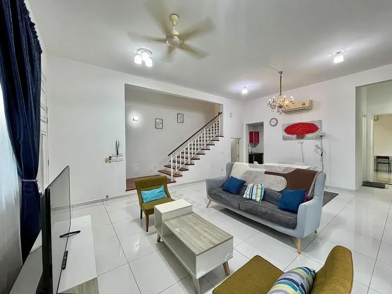 Living features: white painted walls, glossy white tile flooring, 5-blade ceiling fan with light, sofa with grey upholstery, 2-seater fabric sofa in green, coffee table with wooden legs, TV console, wall-mounted TV, decorative chandelier, staircase with white railing, curtains in dark blue, wall clock, artwork on wall; style: modern.