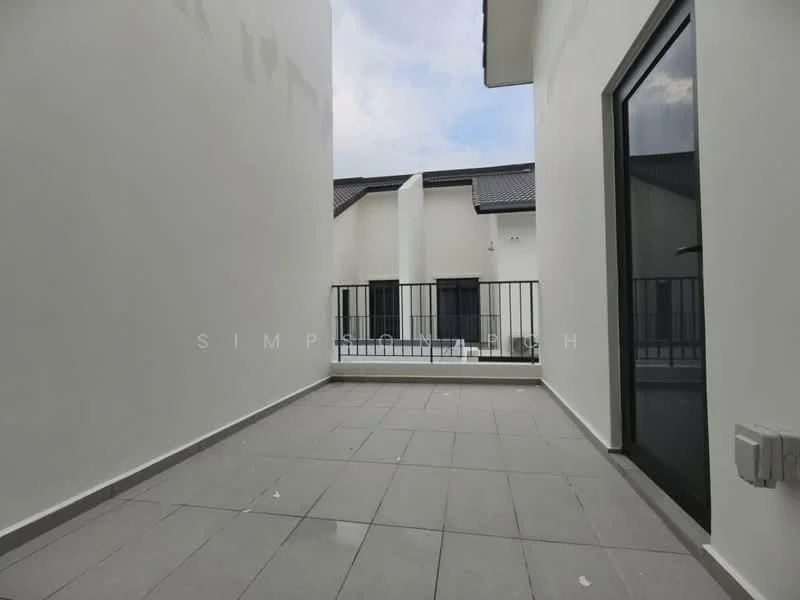 Room features: grey tiled flooring, white painted walls, black railing, sliding glass door, roof overhang, outdoor space, no visible furniture, no visible decor; style: modern.
