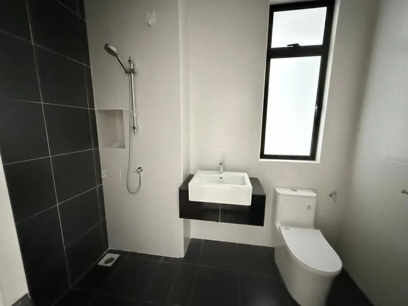 Bathroom features: walk-in shower with glass enclosure, chrome handheld shower, white square sink, black wall-mounted vanity, one-piece toilet, black floor tiles, white wall tiles, window for natural light; style: modern.