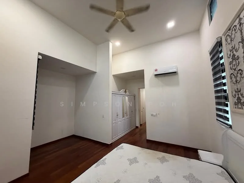 Room features: white painted walls, wooden flooring, ceiling fan, wall-mounted split AC, window with blinds, built-in wardrobe, doorway leading to another room, light fixtures in ceiling.