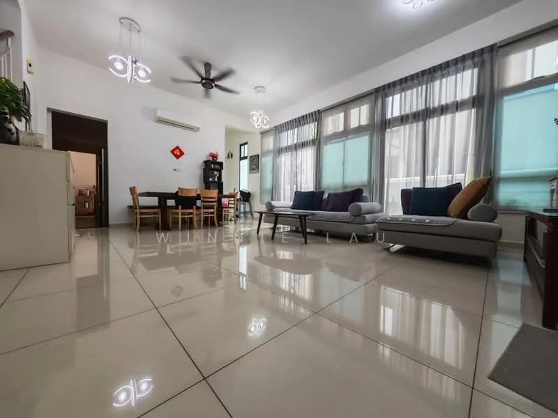 Living features: large grey sectional sofa, 2 accent cushions in blue and purple, coffee table, dining table with 4 chairs, floor-to-ceiling windows with sheer curtains, white walls, polished ceramic tile flooring, 5-blade ceiling fan with light, wall-mounted air conditioning unit, decorative wall art, plant in ceramic pot; style: modern.