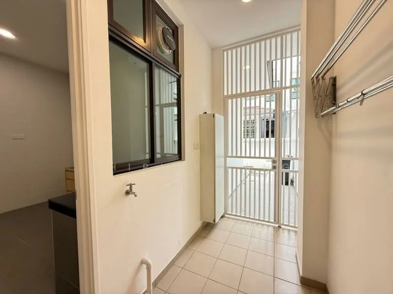 Laundry features: white tiled flooring, white painted walls, window with horizontal slats, single-bowl stainless-steel sink, white refrigerator, open shelving, natural light from window; style: modern.