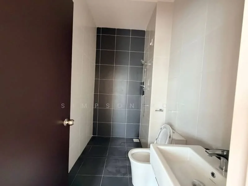 Bathroom features: white ceramic toilet, single-sink vanity with chrome faucet, grey tiled flooring, white tiled walls, glass shower enclosure, rain shower head, wall-mounted mirror, chrome towel rail; style: modern.