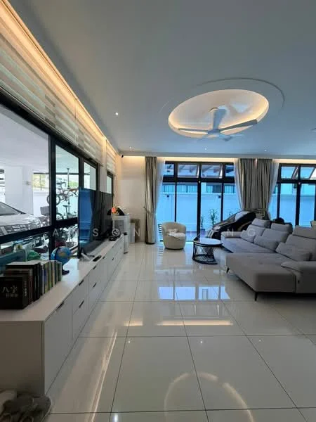 Living features: white painted walls, glossy tile flooring, tray ceiling with recessed lighting, 5-blade ceiling fan with light, floor-to-ceiling windows, sheer curtains, light grey sectional sofa, black coffee table, TV console with bookshelves, decorative plants, area rug, wall-mounted TV; style: modern; view: city.