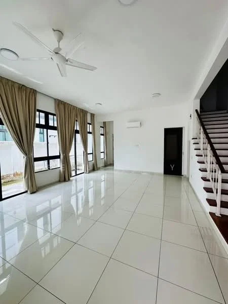 Living features: white painted walls, glossy white tile flooring, 5-blade ceiling fan, floor-to-ceiling windows, sheer curtains, air conditioning unit, staircase with wooden steps, black door, natural light, open layout; style: modern; view: garden.