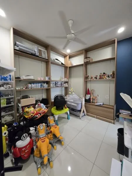 Room features: white painted walls, blue accent wall, glossy tile flooring, ceiling fan, built-in shelving units, open shelving, storage drawers, various toys and children's items, decorative figurines, office chair, crib, air conditioning unit; style: modern.