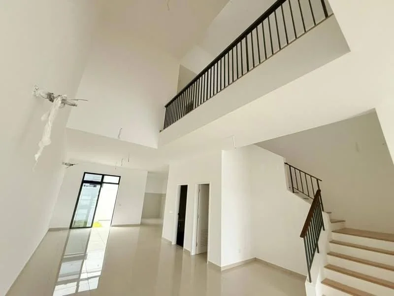 Room features: white painted walls, polished tile flooring, high ceiling, open staircase, metal railing on staircase, large windows, natural light, minimalist design; style: modern; view: garden.
