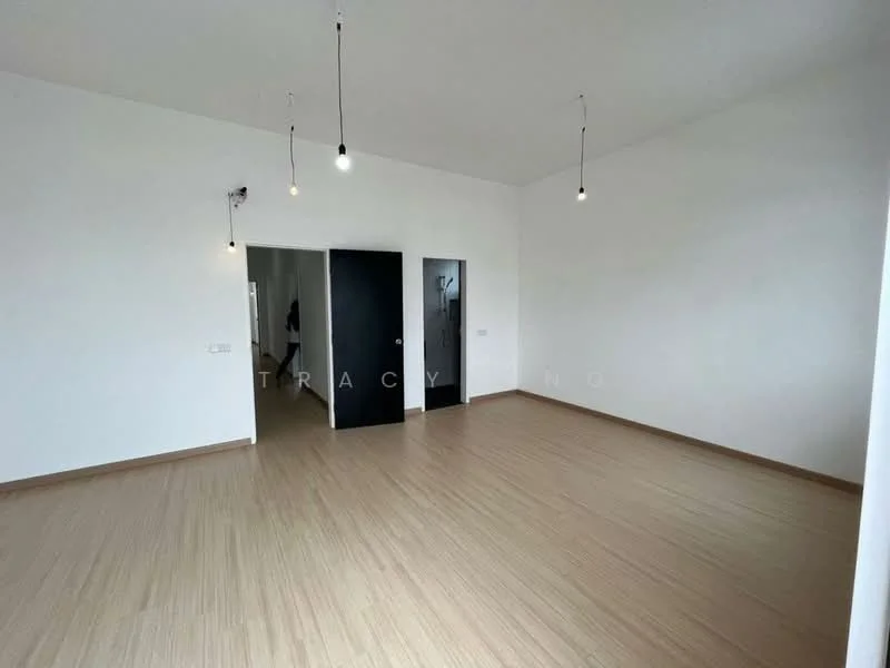 Room features: white painted walls, light wood laminate flooring, 2 black doors, hanging light fixtures, no visible furniture, large open space, neutral color scheme, minimalist design; style: minimalist.