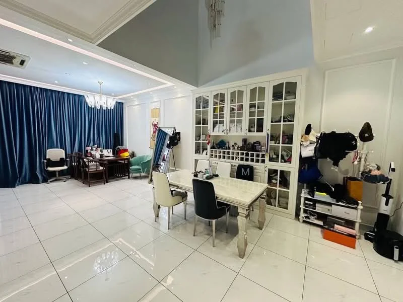 Living features: white glossy tile flooring, blue curtain drapes, chandelier with multiple bulbs, white ceiling with crown moulding, glass-front display cabinet, wooden dining table, 4 upholstered dining chairs, green accent chair, decorative items on shelves, wall-mounted air conditioning unit, various personal items on the floor, light-colored wall paint; style: modern.