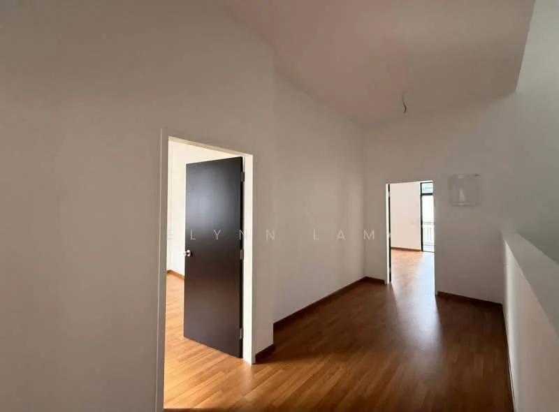 Room features: light wood flooring, white painted walls, single door, door frame, large window, high ceiling, open layout, natural light; style: modern.