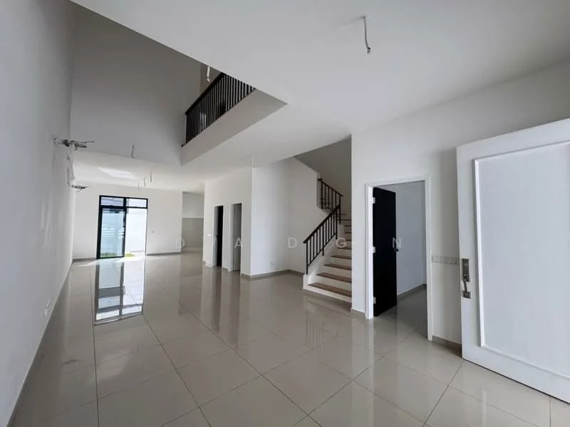 Room features: white painted walls, glossy ceramic tile flooring, large windows with natural light, staircase with wooden steps and black railing, high ceiling, open layout, doorway leading to another room, doorway leading to staircase; style: modern.