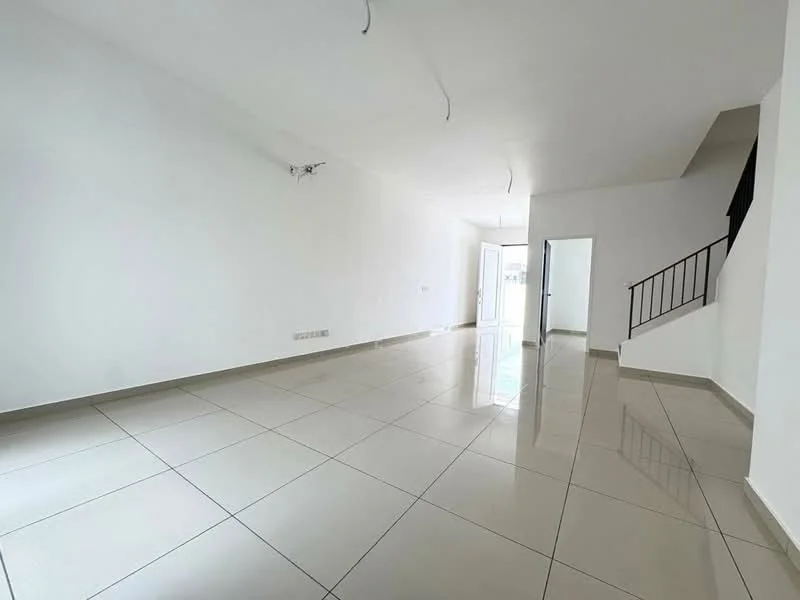 Room features: white painted walls, glossy ceramic tile flooring, recessed downlights, staircase with metal railing, large windows for natural light, open layout, neutral color scheme, no visible furniture or decor; style: modern.