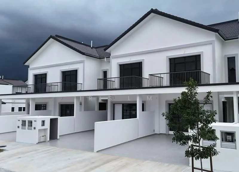 Exterior type: linked terrace house; features: white painted facade, pitched tile roof, double-storey, balconies with black railings, manicured landscaping, concrete driveway, modern architectural design, large windows, front entrance with wall, surrounded by grey skies; style: modern.