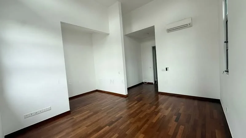 Room features: white painted walls, wooden flooring, 1 wall-mounted split AC, large windows, high ceiling, no visible furniture, neutral color scheme, minimalist decor; style: modern.