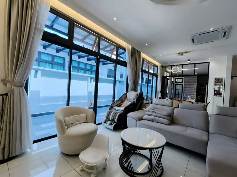 Living features: large floor-to-ceiling windows, grey fabric sectional sofa, white round coffee table, beige accent chair, recessed ceiling lights, air conditioning unit, curtains in light fabric, decorative wall art, tile flooring, neutral wall color; style: modern; view: garden.