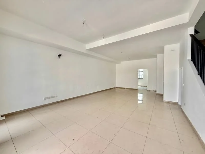 Living features: white painted walls, polished ceramic tile flooring, recessed downlights, large windows, open layout, no visible furniture, neutral color scheme, high ceiling; style: modern.