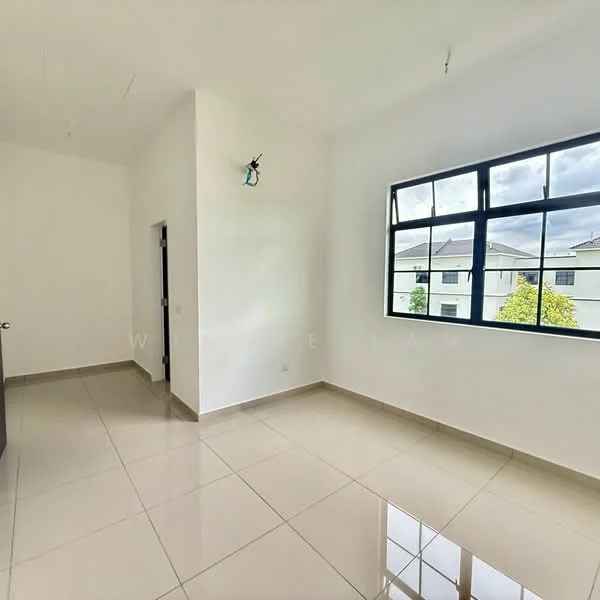 Room features: white painted walls, glossy ceramic tile flooring, large window with black frame, ceiling light fixture, neutral color scheme; style: modern; view: garden.