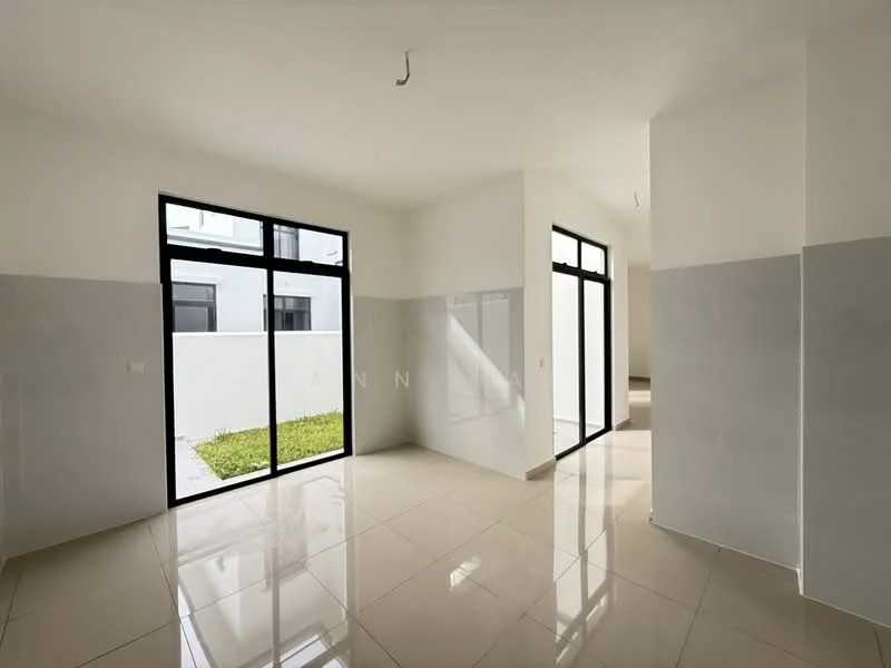 Room features: white painted walls, grey tiled walls, glossy ceramic tile flooring, large floor-to-ceiling windows, natural light from windows, open layout, corner windows, view of outdoor space; style: modern; view: garden.