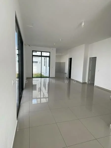 Room features: white painted walls, glossy ceramic tile flooring, large floor-to-ceiling windows, sliding glass door, recessed downlights, open layout, neutral color scheme, natural light, high ceiling; style: modern; view: garden.