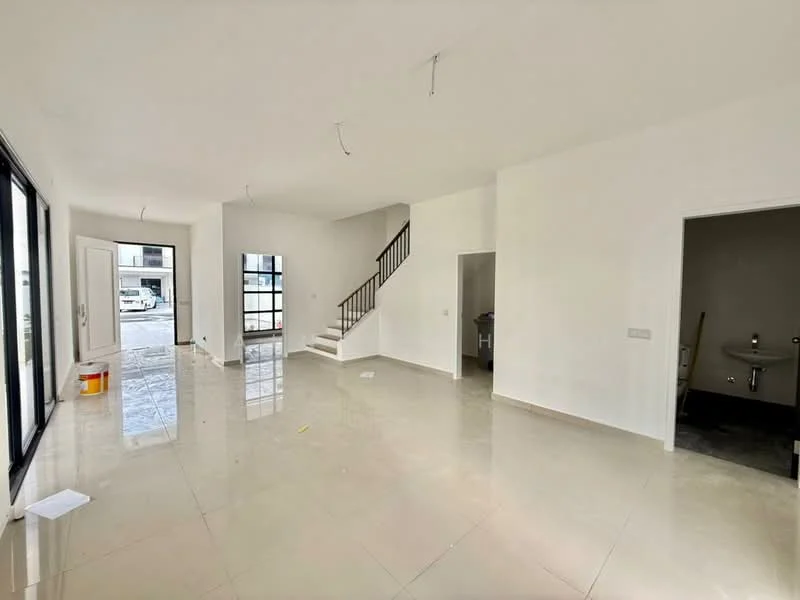 Living features: white painted walls, glossy tile flooring, large floor-to-ceiling windows, staircase with black railing, recessed downlights, open layout, door leading outside, neutral color scheme; style: modern. Dining features: glossy tile flooring, white painted walls, large windows, open layout, neutral color scheme; style: modern. Hallway features: white painted walls, glossy tile flooring, staircase with black railing, recessed downlights; style: modern. Bathroom features: white painted walls, glossy tile flooring, sink, neutral color scheme; style: modern.